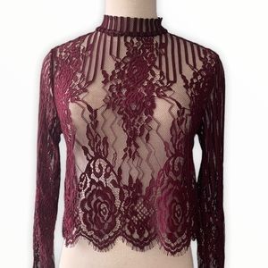 Burgundy Purple  Lace floral long sleeve top
